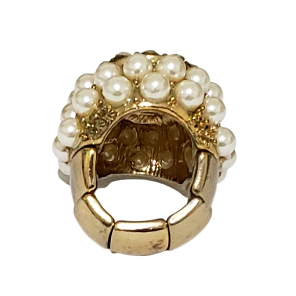 Fashion Jewelry Pearl Crystal Ring Elastic Band Size 7-8.5" Goldtone - Picture 5 of 5